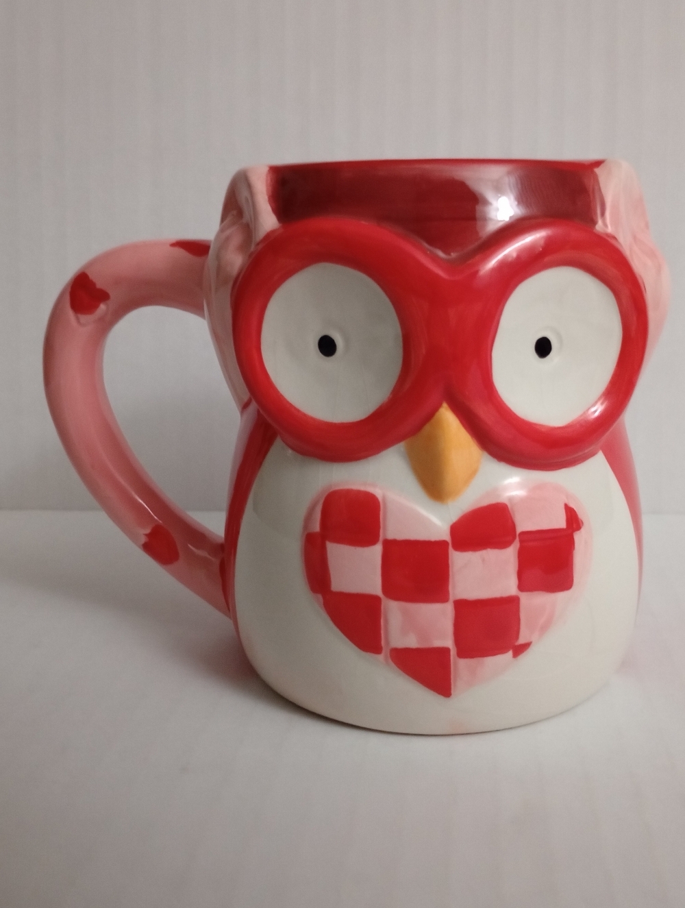 Valentine's Ceramic Owl Shaped Mug With Red And Pink Checkered Heart